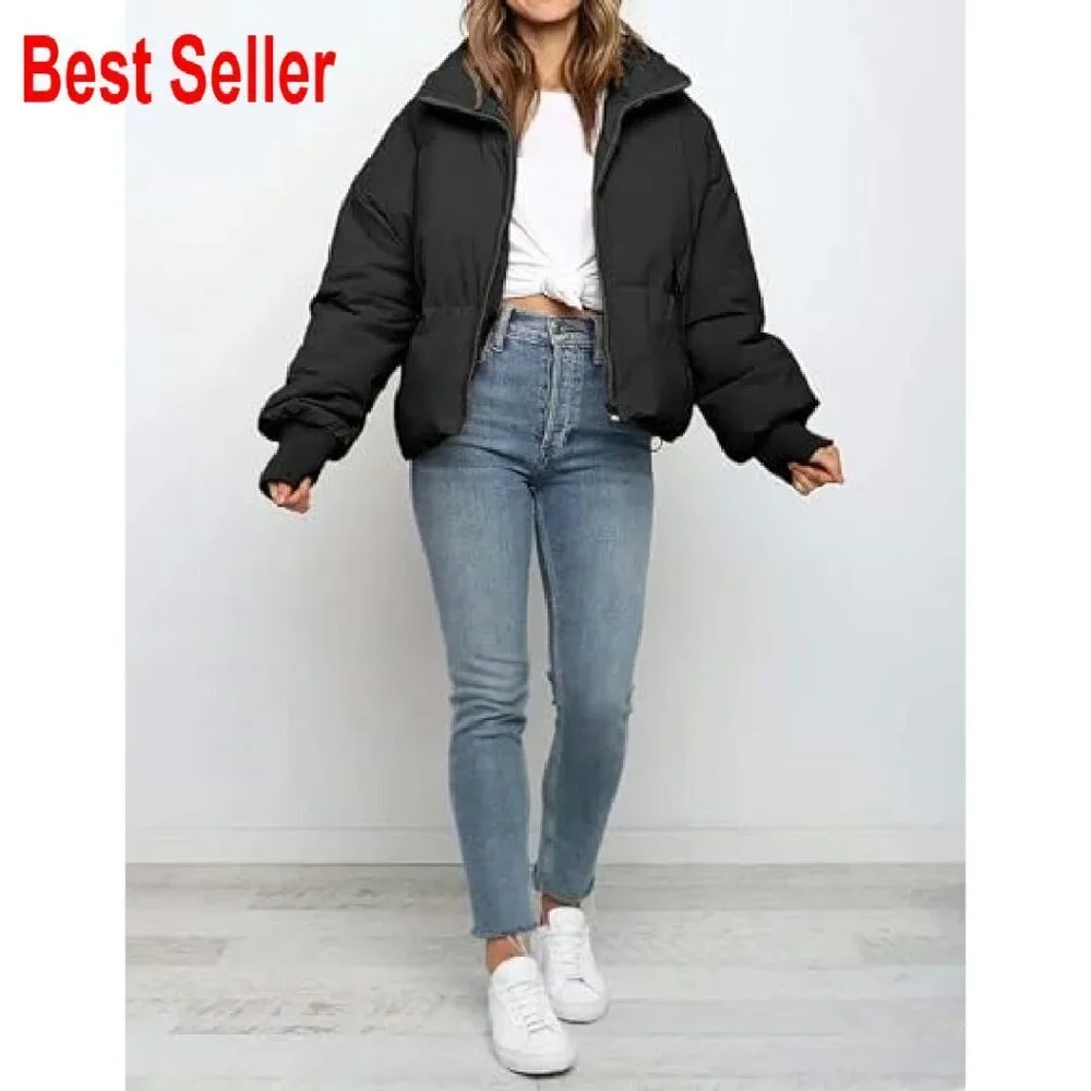 Cropped Puffer Jacket Zip Up Quilted Padded Coat Chic Minimal Winter Outwear